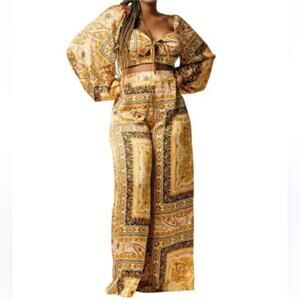 NEW Luxxel Gold Scarf Print Set Pants Top Boho Halloween Bollywood Long Sleeve